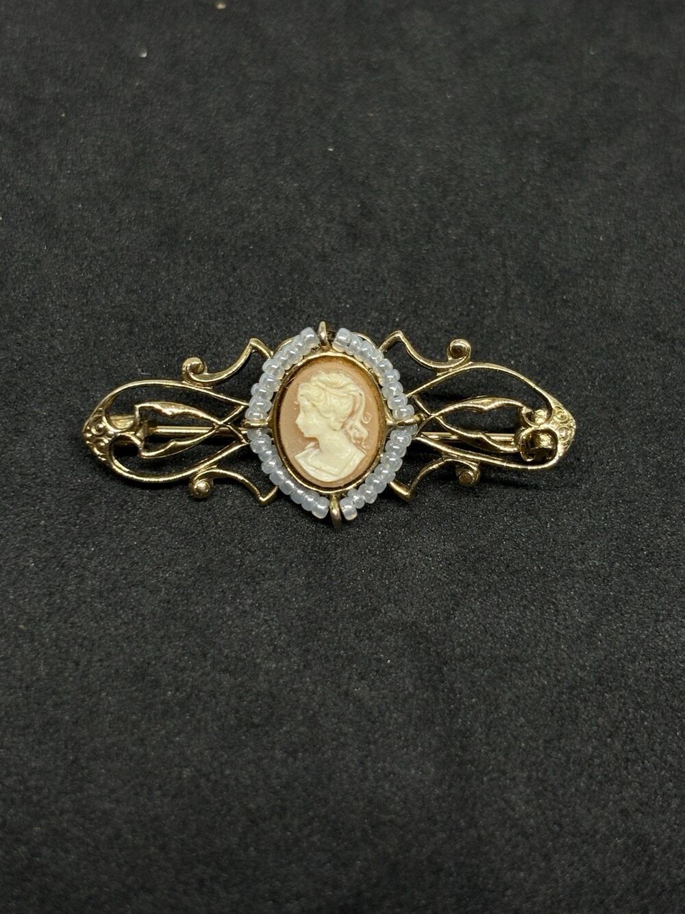 Vintage Golden Tone Filigree Lady Cameo Faux Seed Pearl Bar Pin Brooch 1.5”
